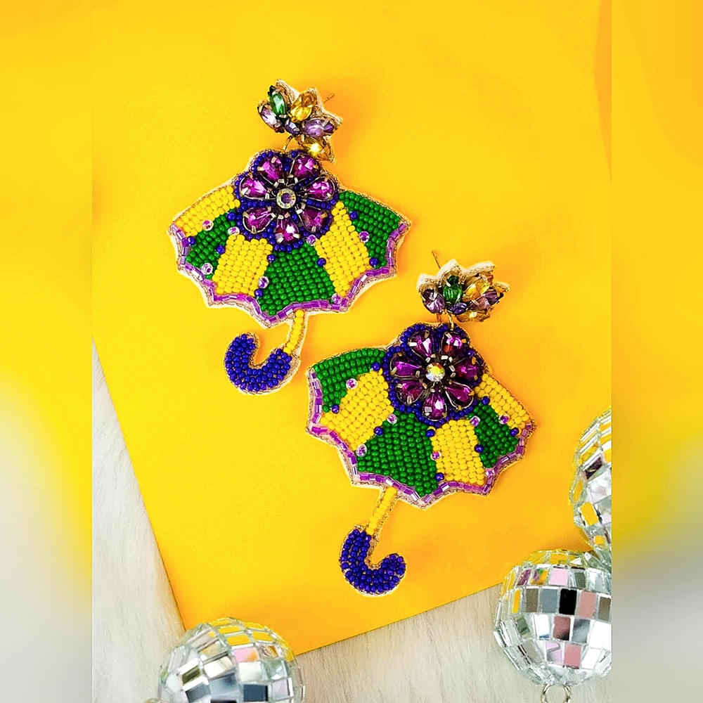 Mardi Gras earrings seed bejeweled umbrella
